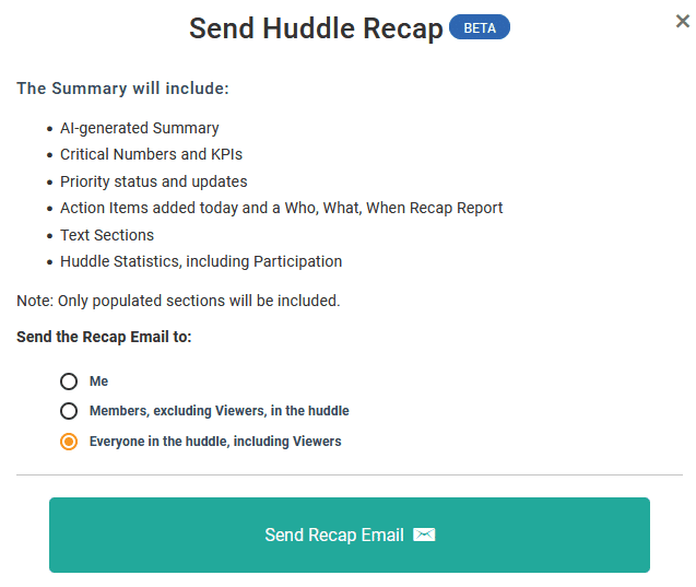A screenshot of the Align Huddle Recap Email interface.
