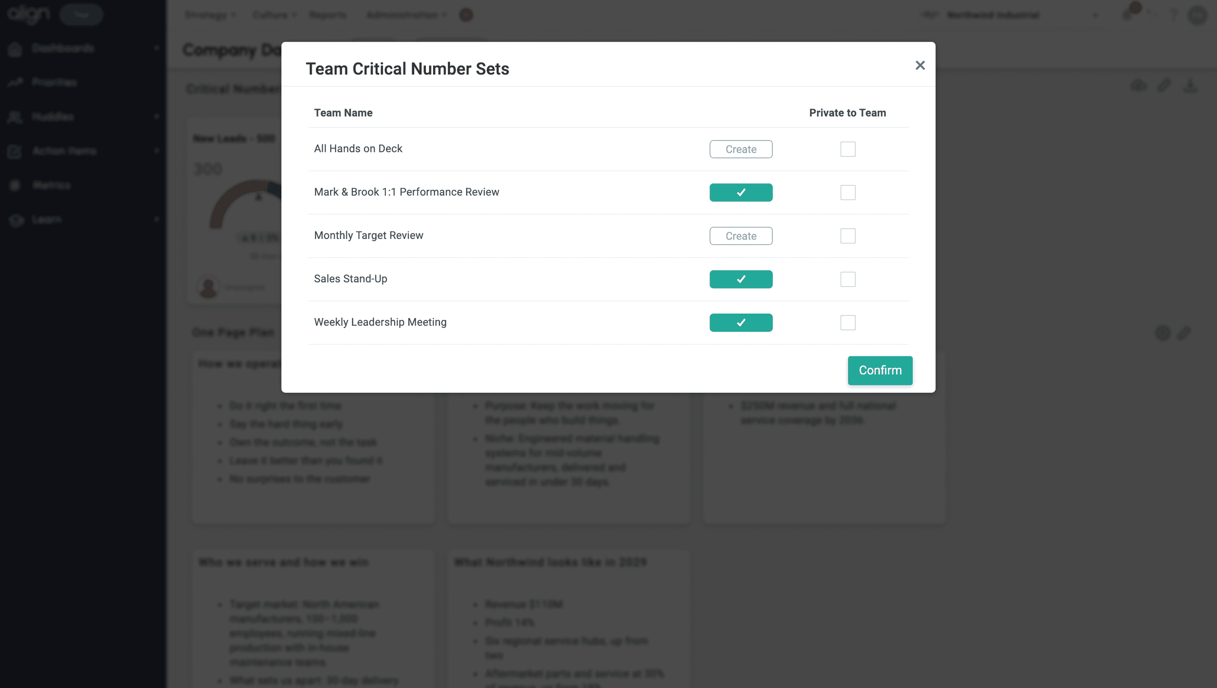 Team Critical Number Sets in Align: Create and Private-to-Team controls per team