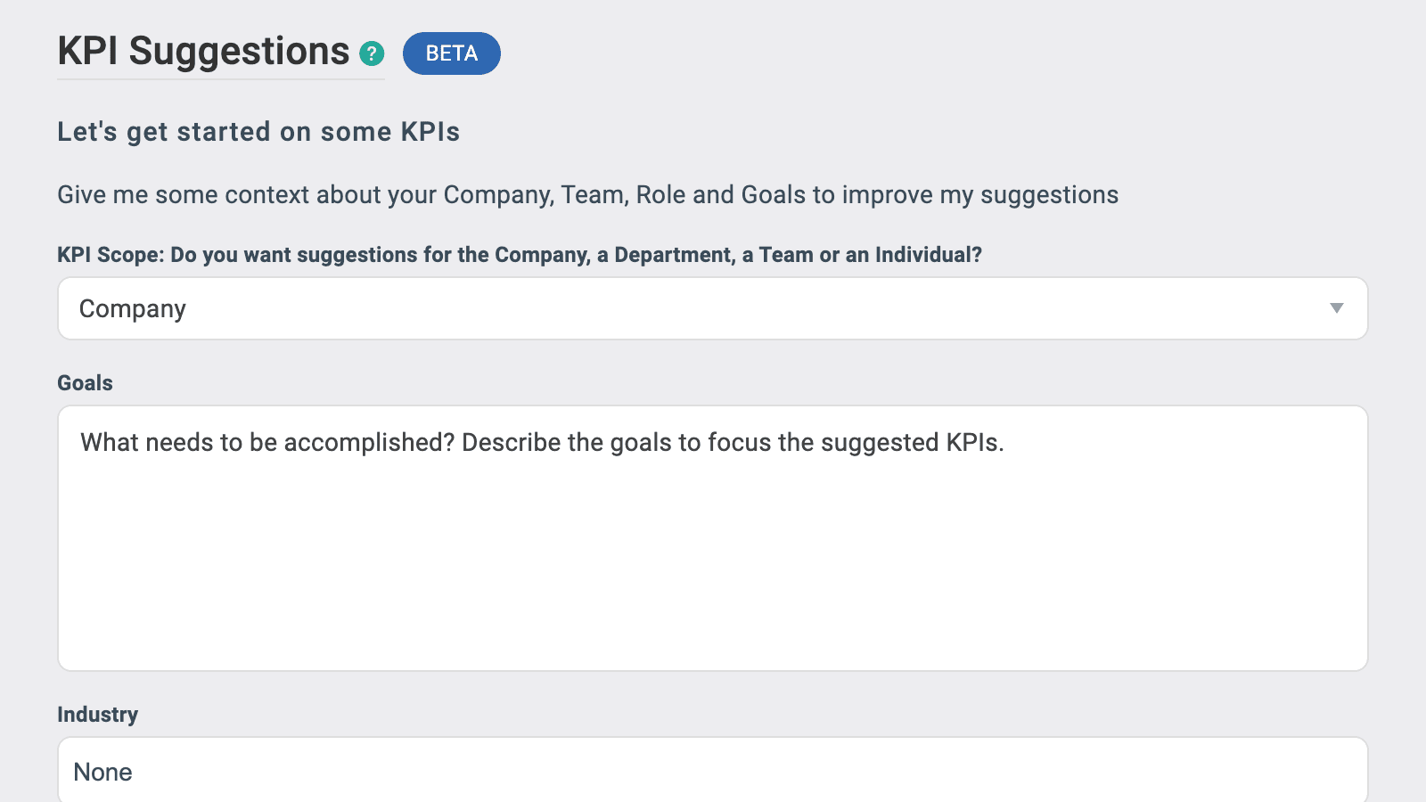 KPI Suggestions (BETA) in Align: scope, goals, and industry context for AI-suggested KPIs