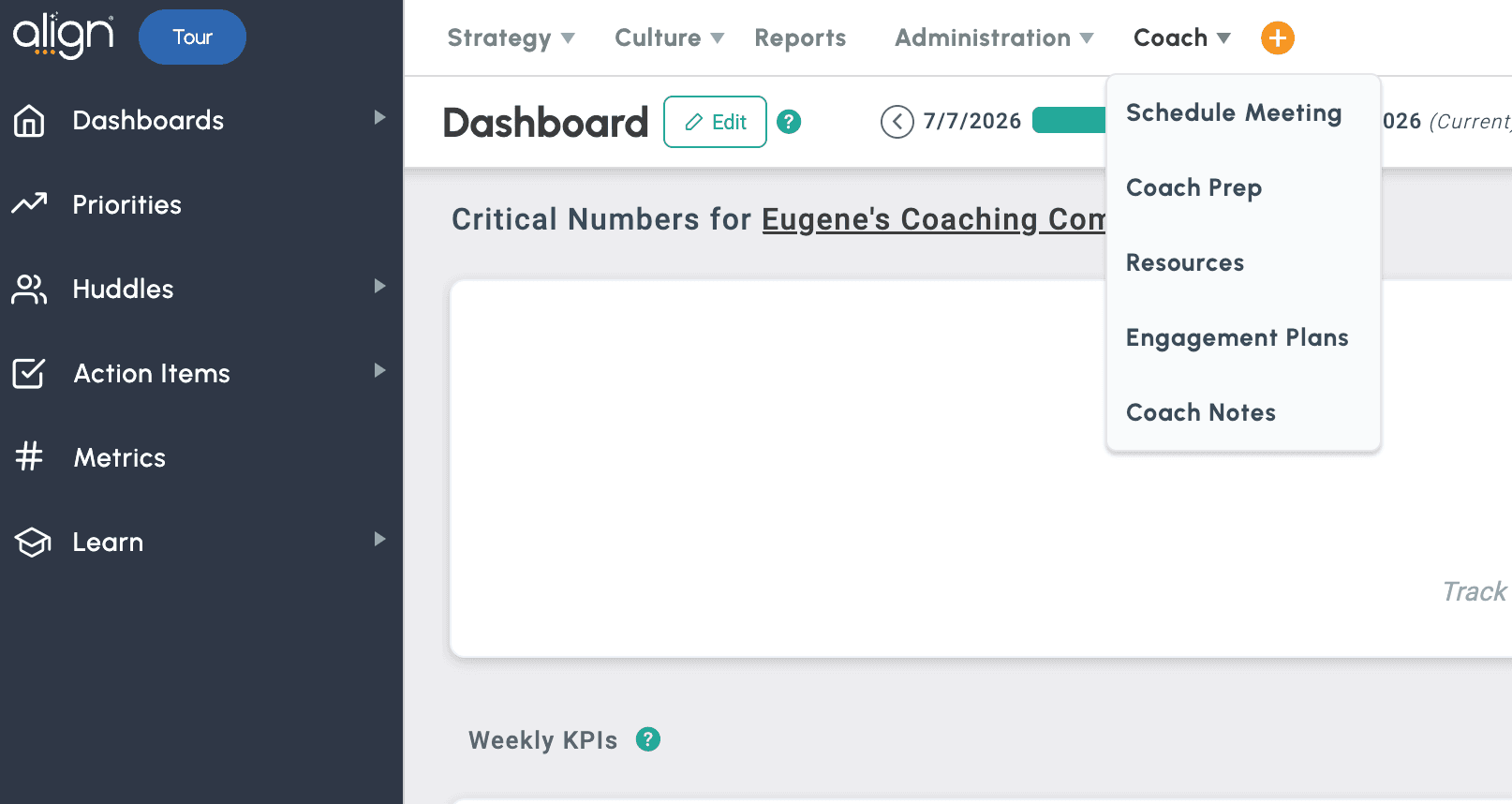 The Coach menu in Align, open in the top nav, showing Schedule Meeting, Coach Prep, Resources, Engagement Plans, and Coach Notes