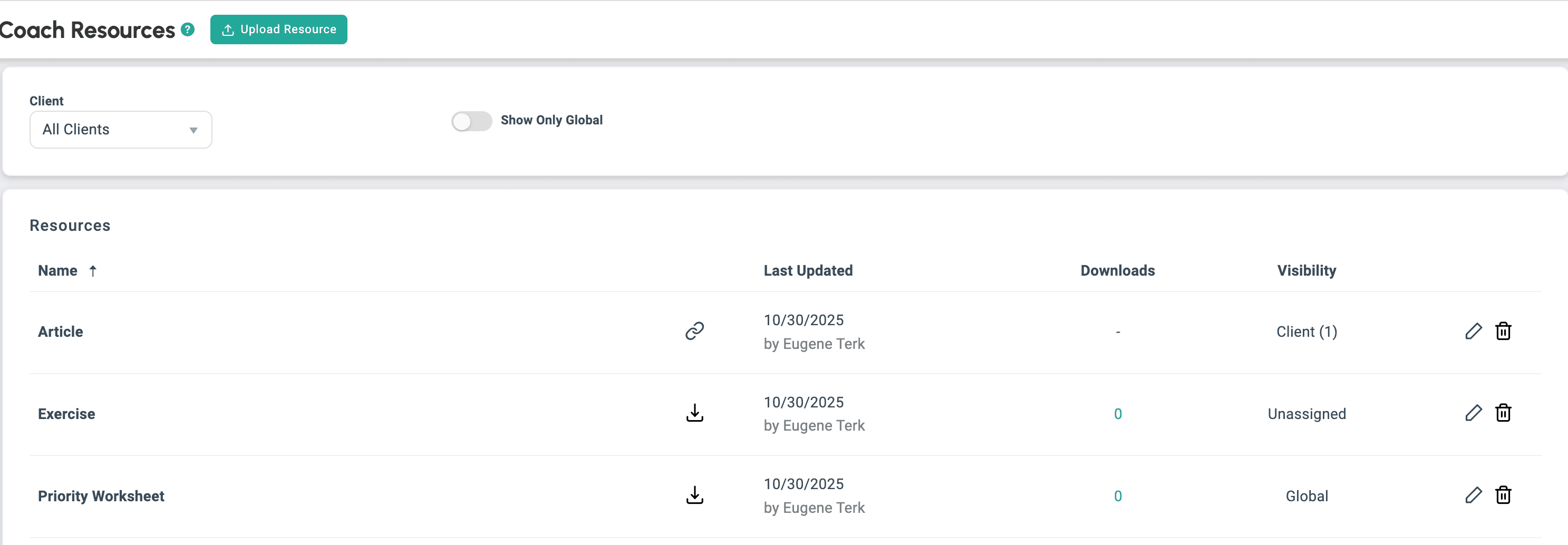 The Coach Resources list, showing each resource's last-updated date, download count, and visibility