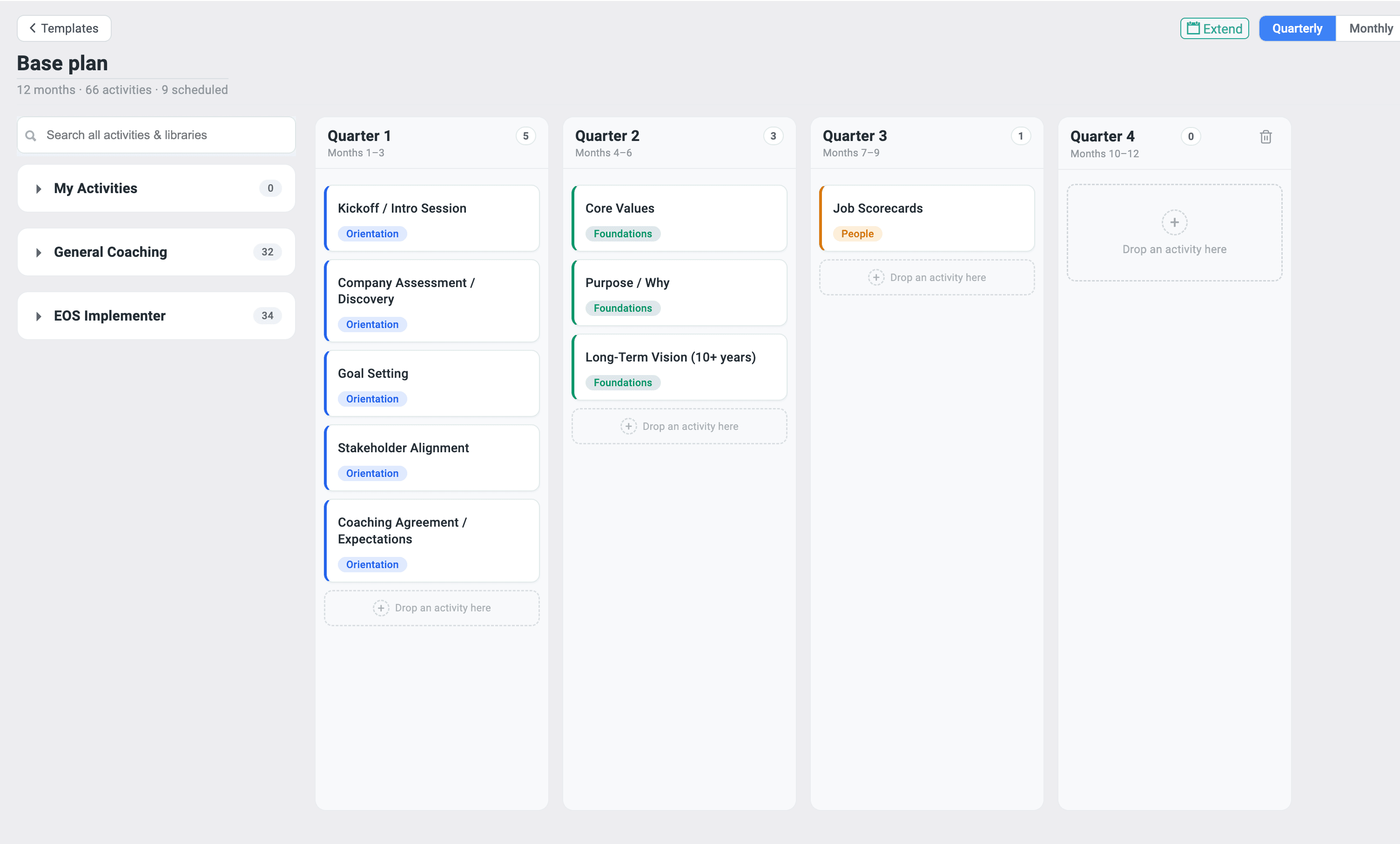 An Engagement Plan's base plan, showing the structure an engagement holds across every client