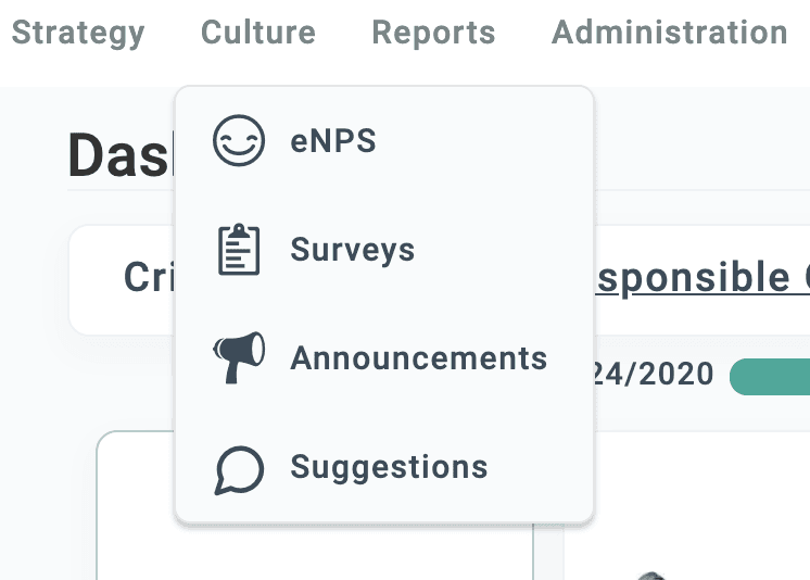 Align culture menu showing eNPS, Surveys, Announcements, and Suggestions