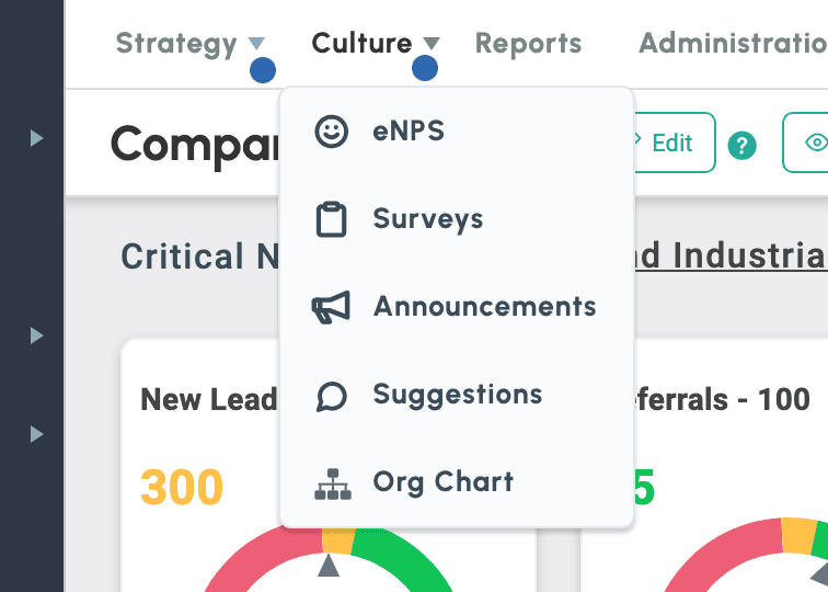 Align culture menu showing eNPS, Surveys, Announcements, Suggestions, and Org Chart