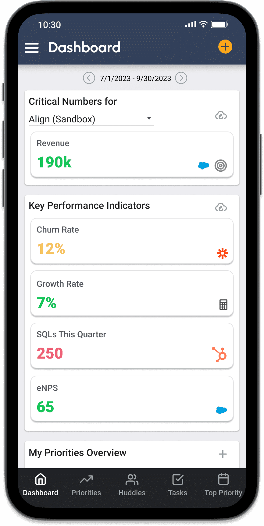 The Align mobile app showing critical numbers and KPIs