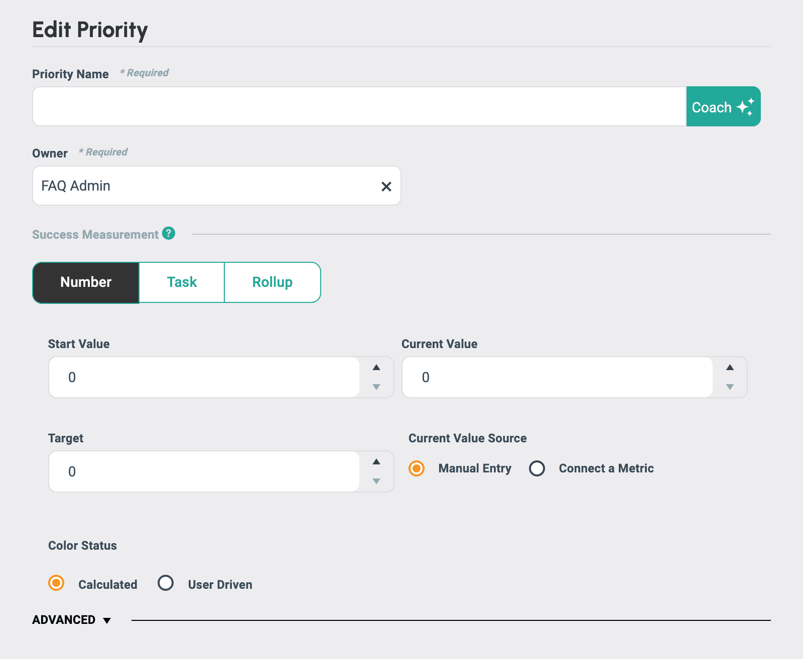 The Edit Priority form in Align: Priority Name, Owner, and Success Measurement (Number, Task, or Rollup)