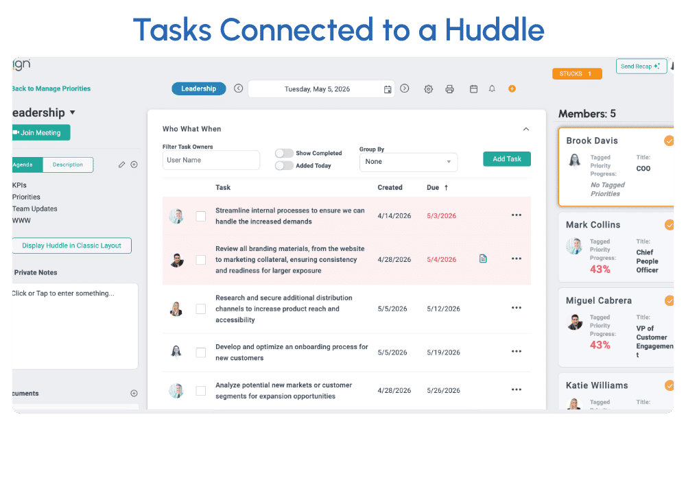 Who What When connected to Huddles in Align