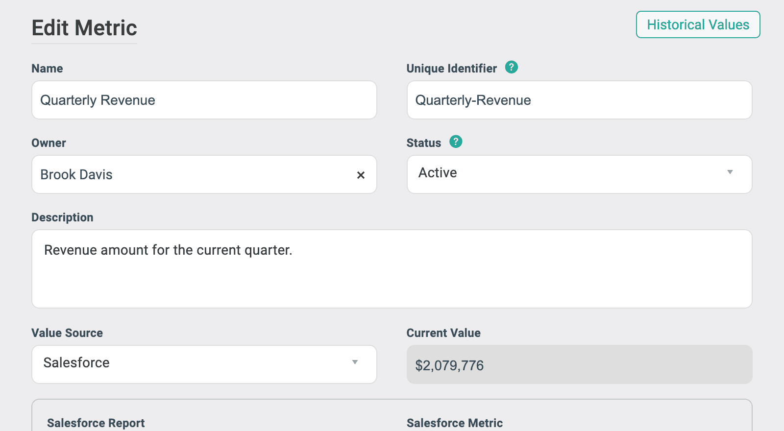 Edit Metric in Align, with Value Source set to Salesforce and the current value synced in