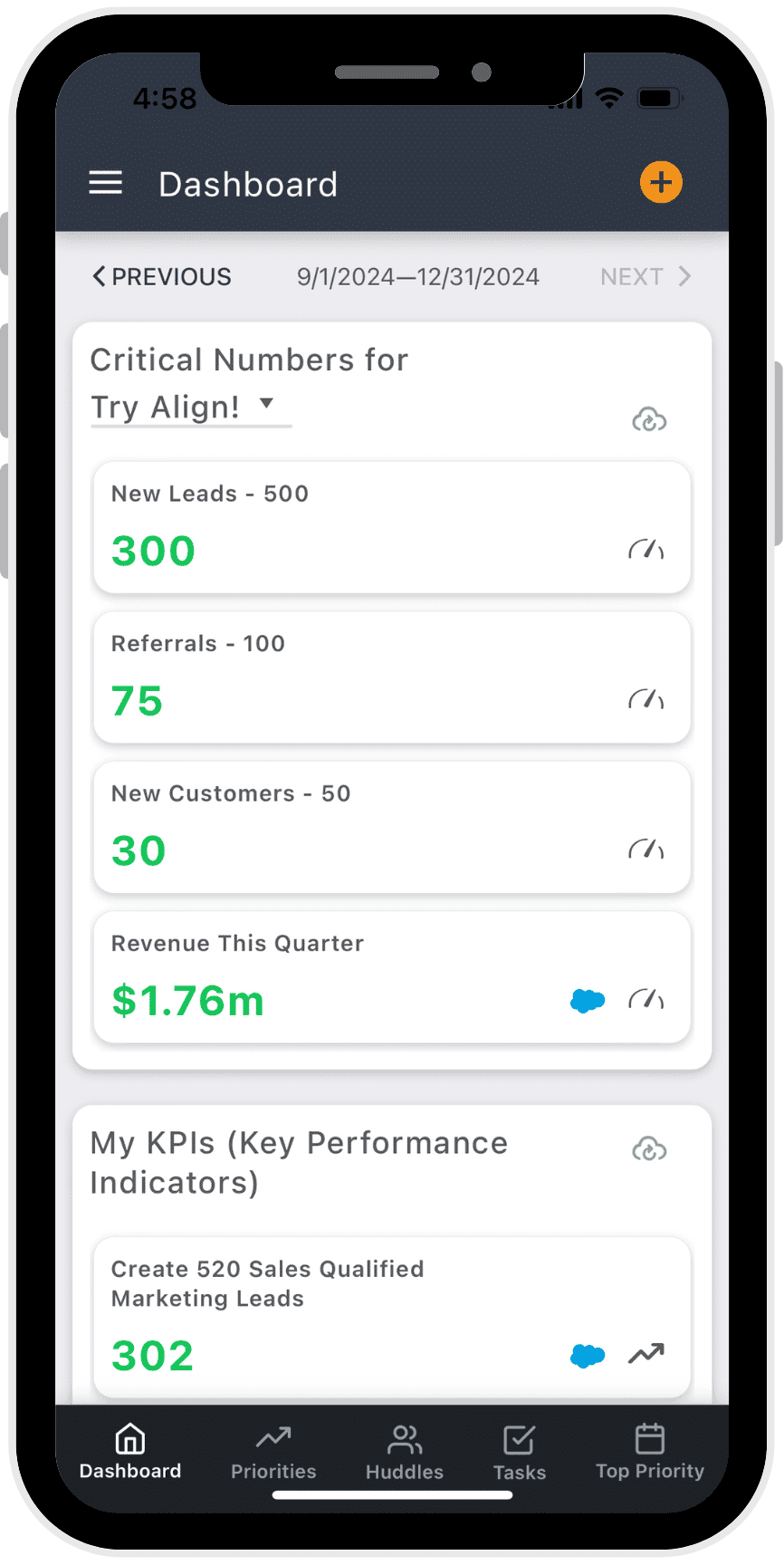 The Align mobile app showing the company dashboard