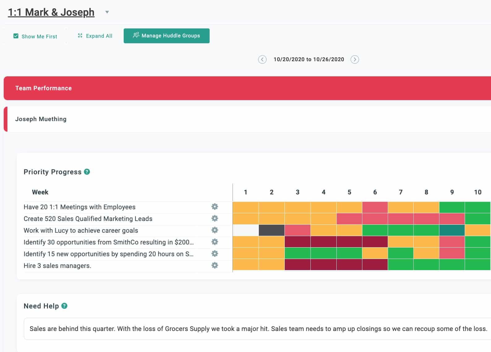 Align Weekly Huddle Tool showing individual goal progress