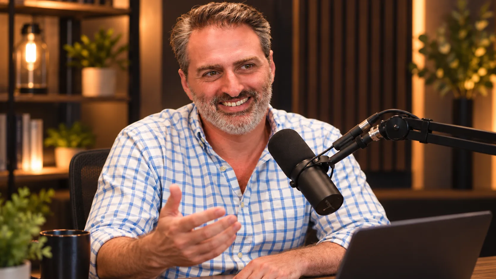 Eugene Terk recording an episode, mic arm extended, laptop and coffee on the desk