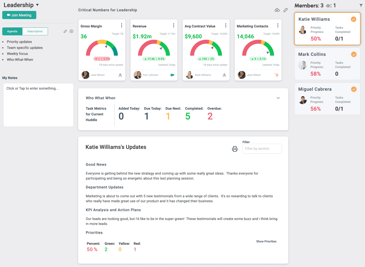 Align Huddle screen showing team updates