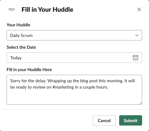 Result of a huddle slash command in Slack